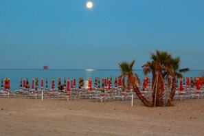 A beach with rows of sun loungers and palm trees, a calm sea, and a boat in the distance. - B&B Santa Maria Apparente (Civitanova Marche)