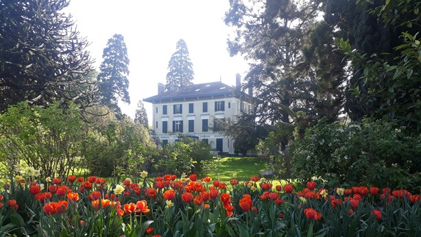 A large building with a symmetrical facade, surrounded by a well-maintained garden with a variety of flowers and trees. - Hostel La Maison Montreau (Montreuil)