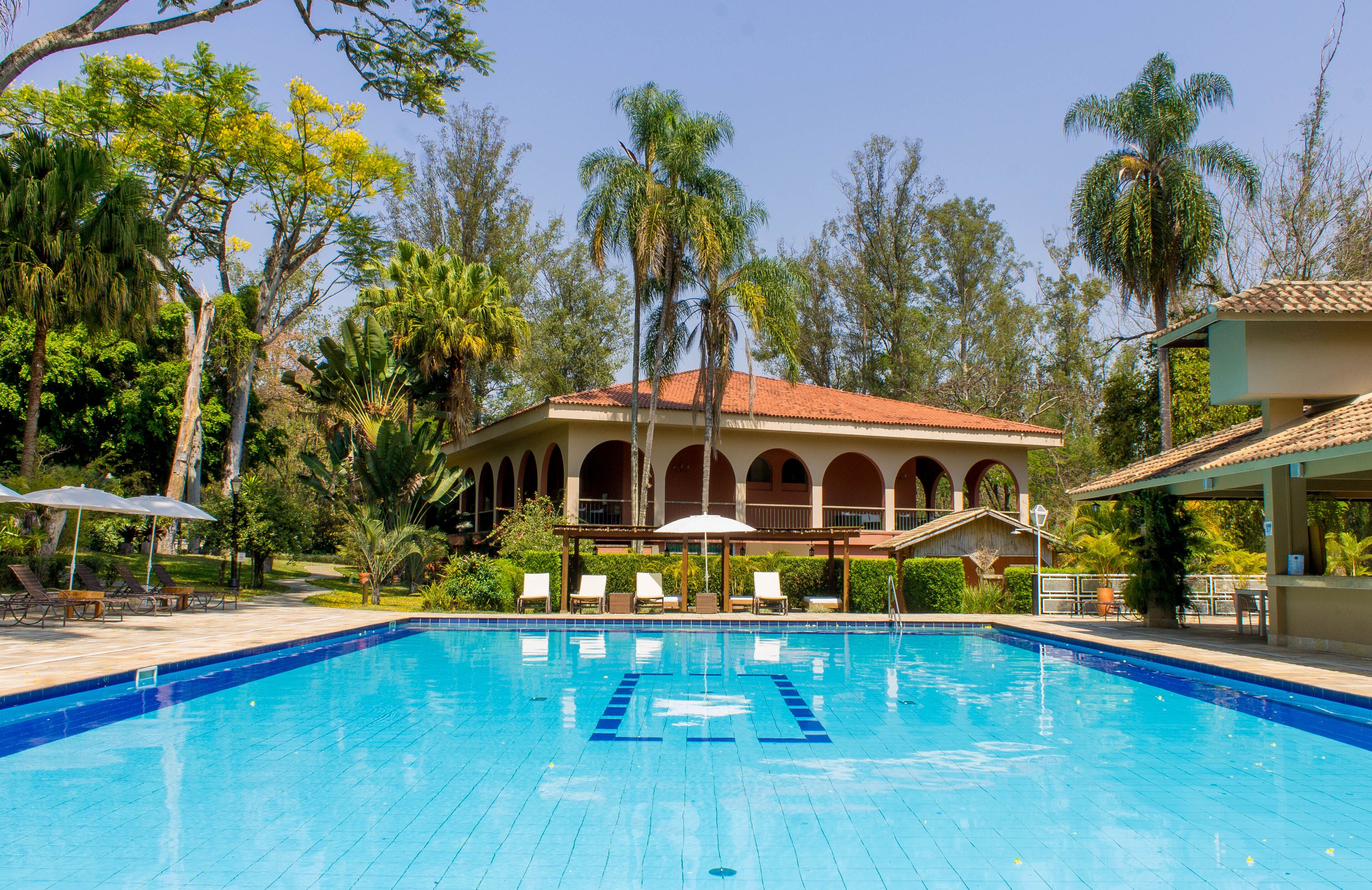 Outdoor pool, pool umbrellas, pool loungers