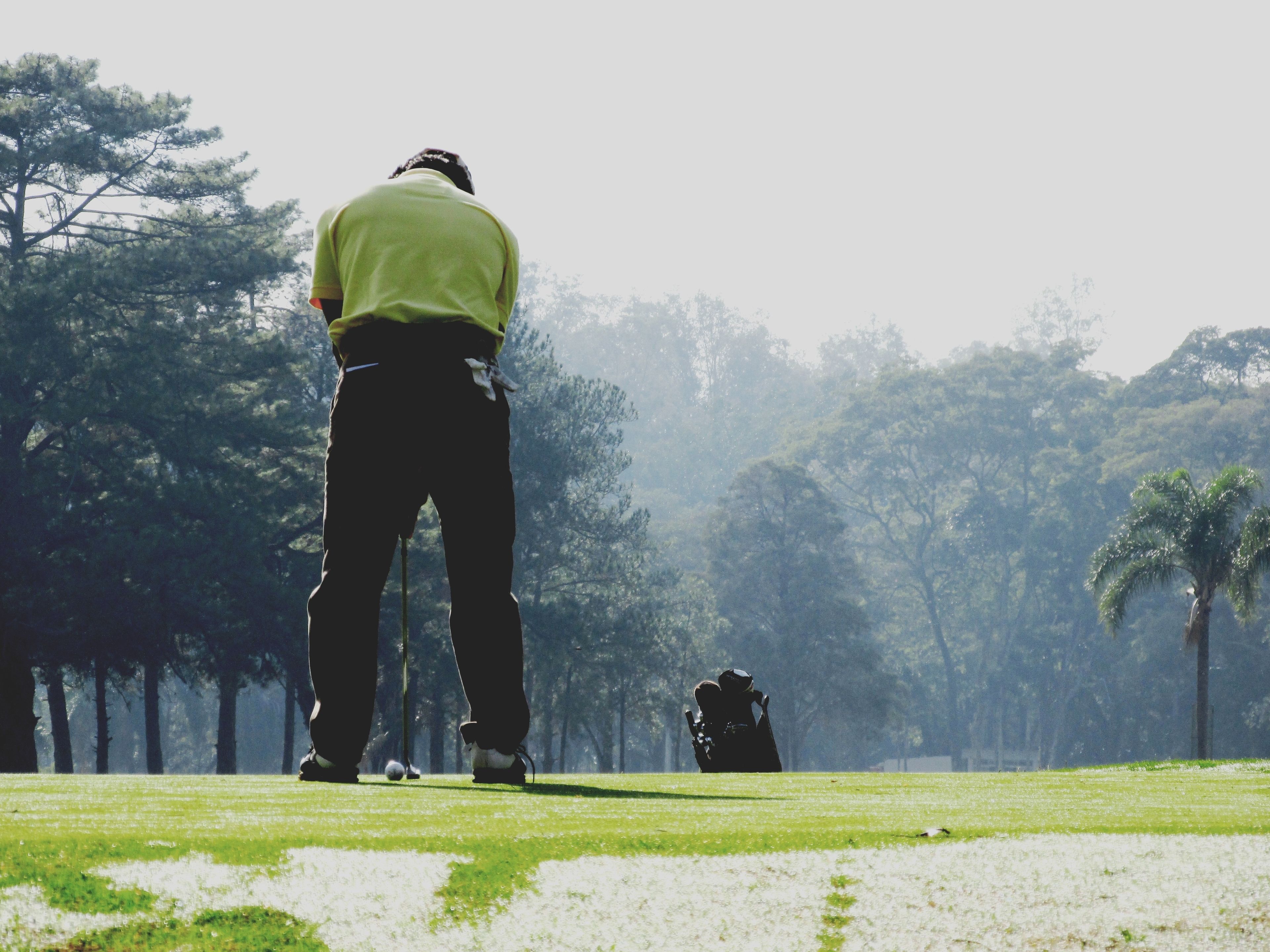 Una persona jugando golf en un campo con árboles y una palmera al fondo.