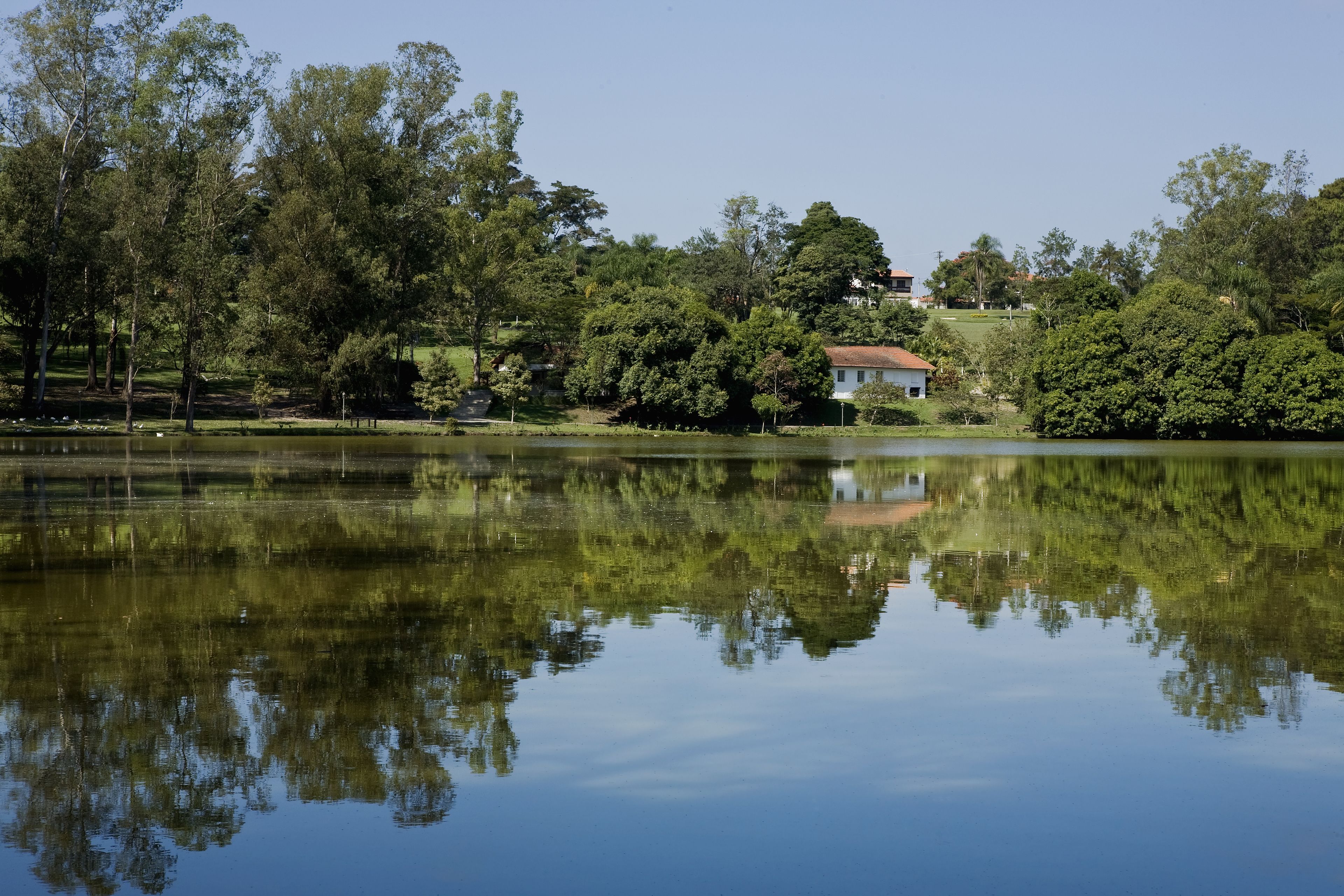 Un lac paisible où se reflètent les arbres et une maison, visible au loin.