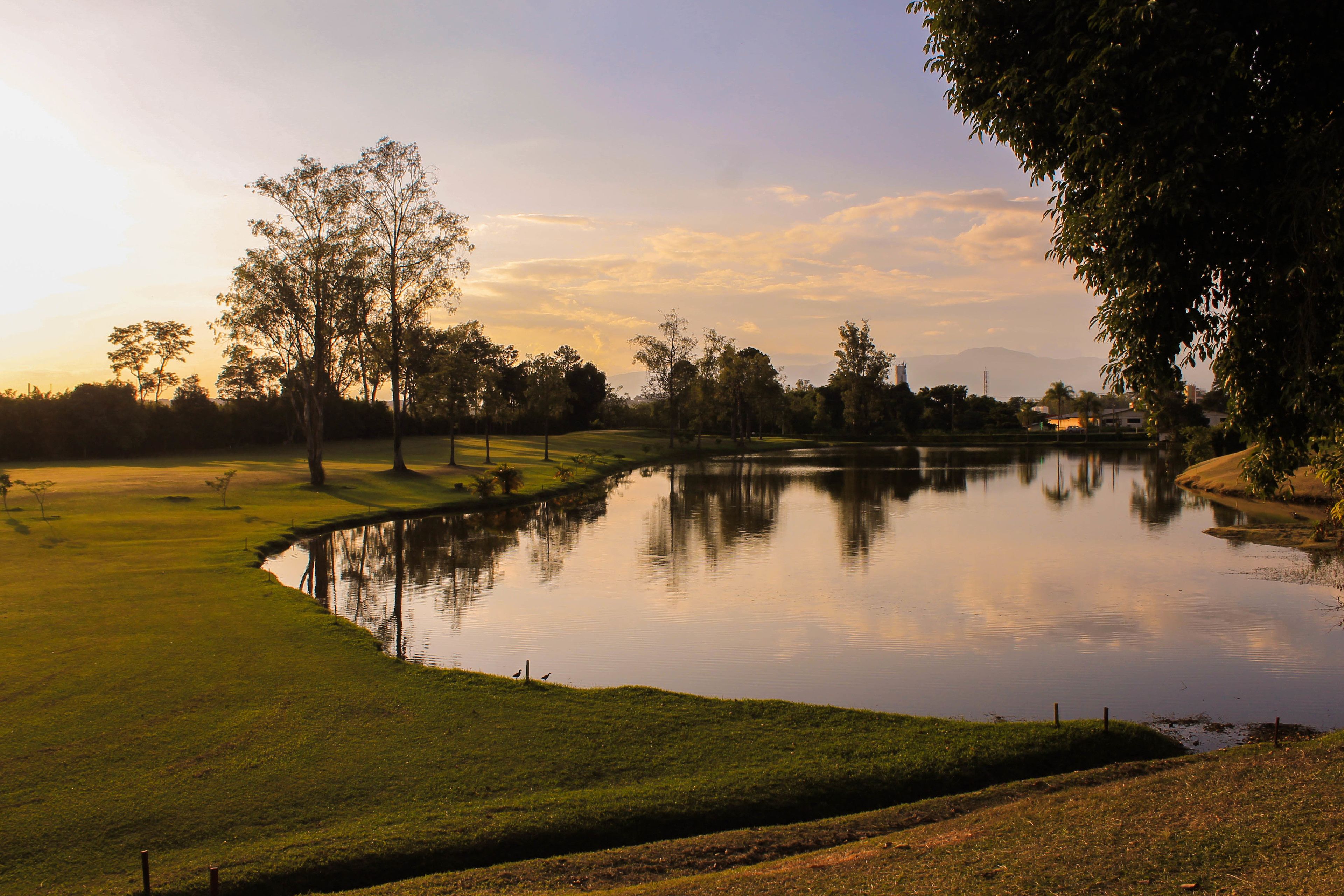 A serene golf course with a pond, trees, and a distant mountain range.