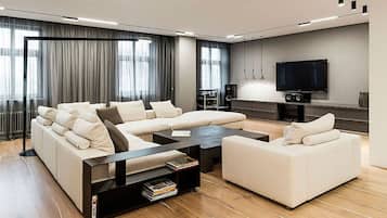 TV, fireplace, DVD player, foosball