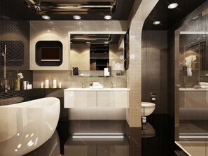 Combined shower/bathtub, jetted bath, hair dryer, bidet