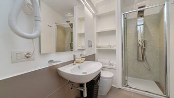 Shower, hair dryer, bidet, towels