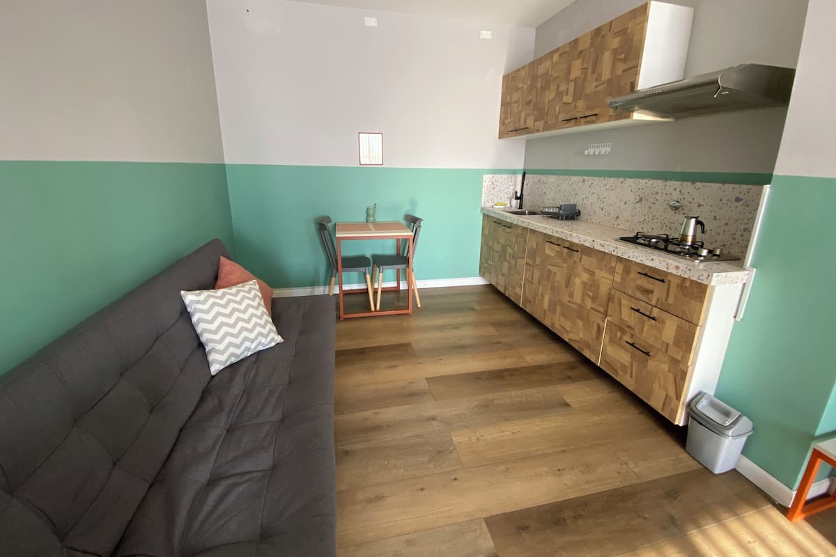 A compact living space with a sofa, a small dining table, and a kitchenette.
