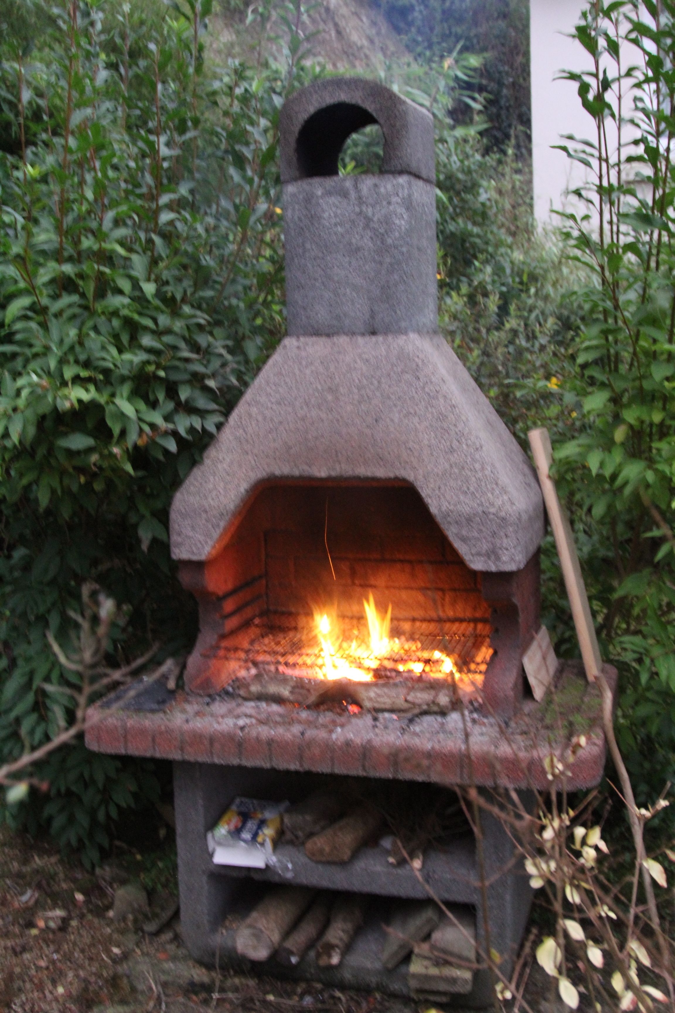 A stone-built outdoor pizza oven with a fire burning inside, surrounded by greenery.