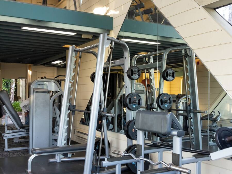 A gym with various exercise equipment, including weight machines and free weights.
