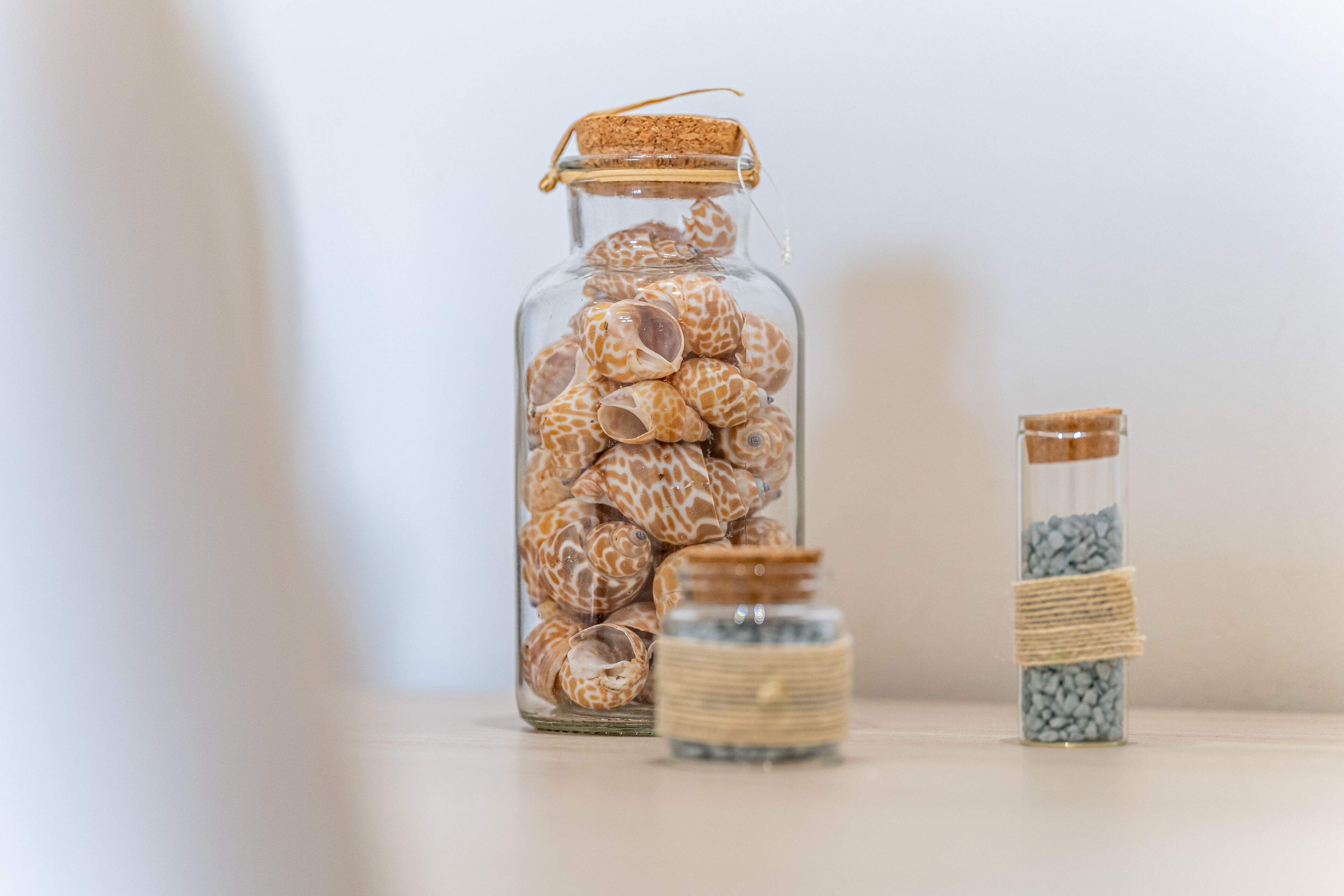 A glass jar filled with patterned shells, a smaller jar with a rope band, and a corked glass bottle.