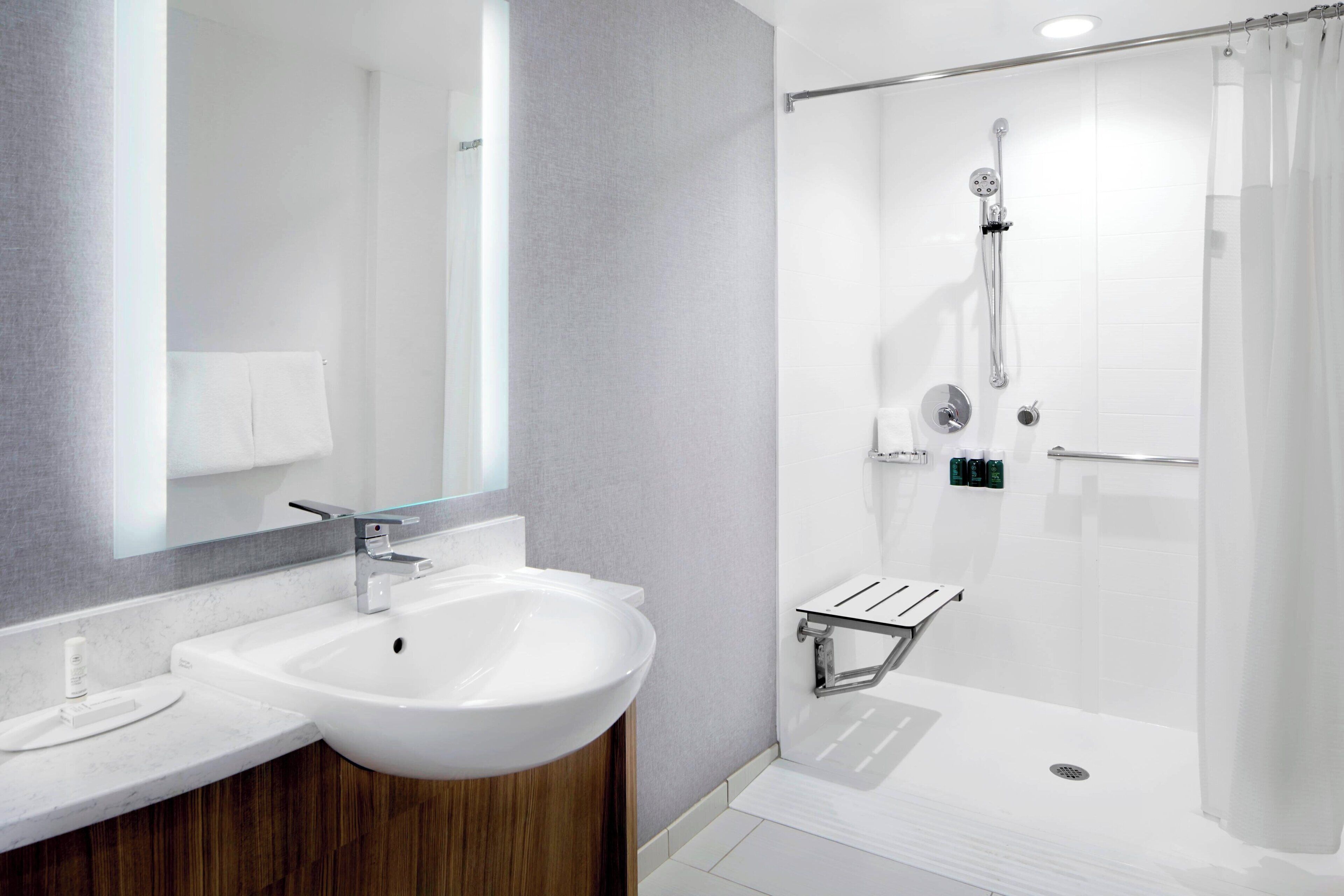 suite, 1 king bed (mobility/hearing access, roll-in shwr) | bathroom | free toiletries, hair dryer, towels, soap