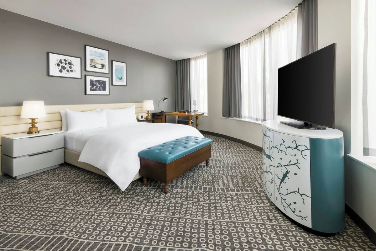 Una habitación de hotel con cama, mesitas de noche, escritorio, televisor y alfombra estampada.