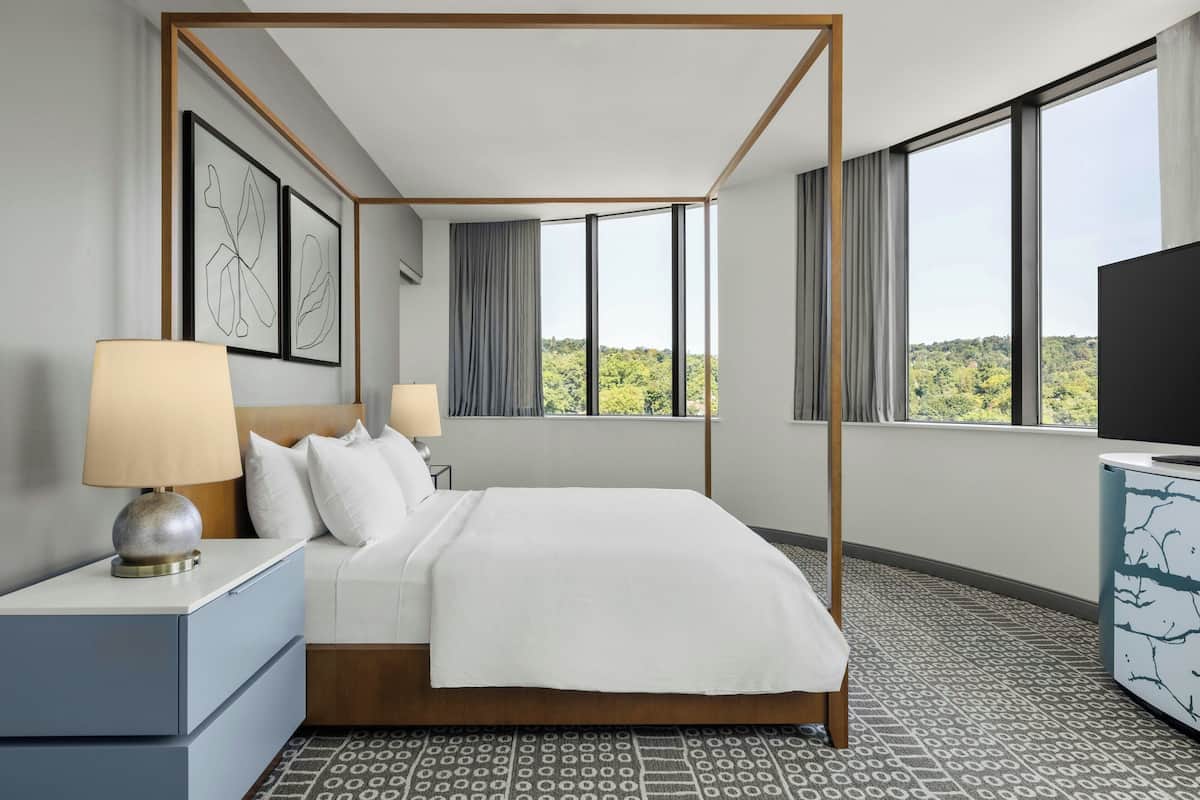 Una habitación de hotel moderna con cama con dosel, dos lámparas de noche, un televisor de pantalla plana y grandes ventanales con vistas al exterior.