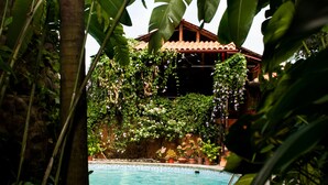 A pool surrounded by lush greenery and a building with a tiled roof. - La Patarashca Hotel (Tarapoto)