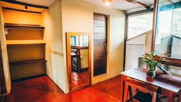 A hallway with wooden floors, a mirror, a small table with a plant, and a door with a dark wooden panel.
