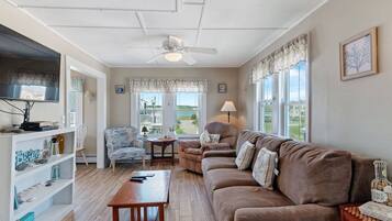 Flat-screen TV, DVD player, books