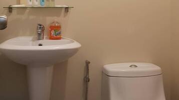 Shower, bidet, towels, soap