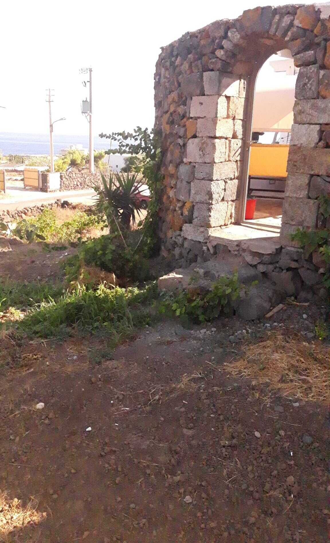 Estructura de piedra con un acceso, rodeada de vegetación y suelo de tierra.