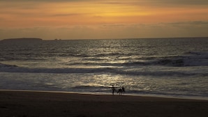 A beach scene with the sun setting over the ocean, waves crashing onto the shore, and silhouettes of people and a dog near the water's edge. - Stunning Villa with Private Garden, Shared Pool, 10 min from lovely beach (Foz do Arelho)