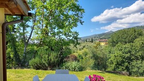 A patio with a table and chairs, surrounded by greenery and a view of hills. - Tuscany countryside appartment with pool (Reggello FI)