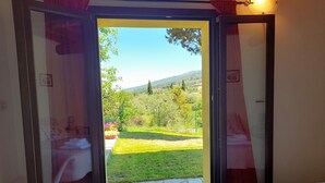 A bedroom with a bed, a bathroom with a shower, and a view of a garden and mountains. - Tuscany countryside appartment with pool (Reggello FI)