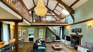 TV, fireplace, DVD player, foosball
