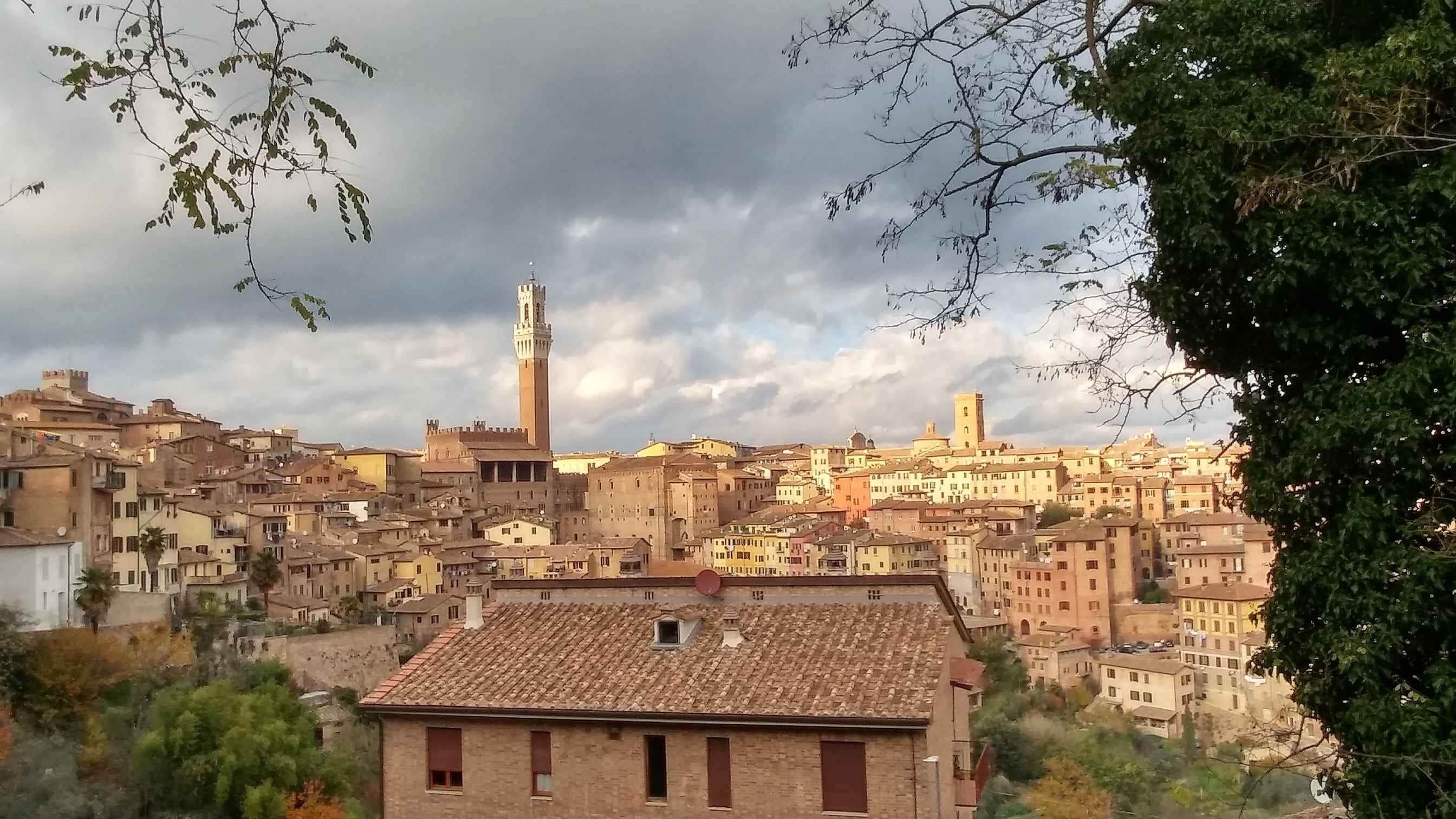 A historic town with dense architecture, a prominent tower, and a view of the surrounding area.