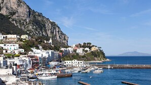 A coastal town with buildings on a hillside, a marina with boats, and a clear view of the sea.