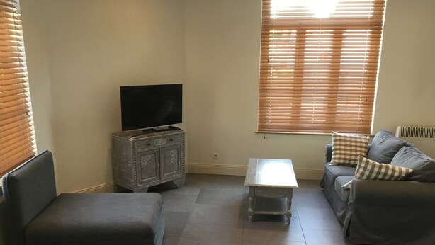 Una sala de estar con un sofá gris, una mesita, un televisor sobre un mueble bajo y una ventana con persianas.