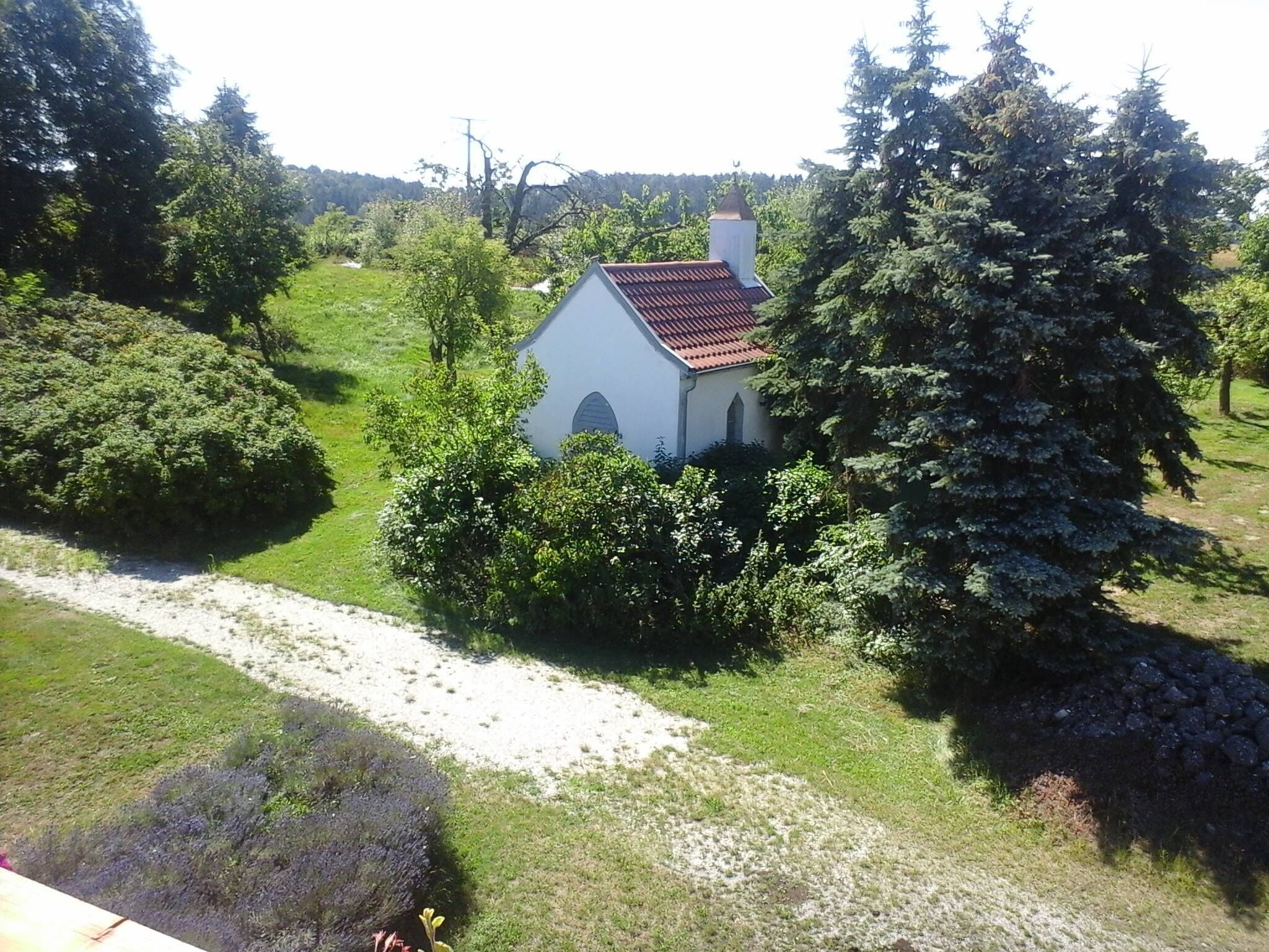 A small white building with a red roof, surrounded by greenery and trees.