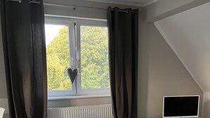 Une pièce avec une fenêtre, un radiateur, une poubelle en forme d’étoile, un canapé gris et un téléviseur à écran plat posé sur un meuble en bois.