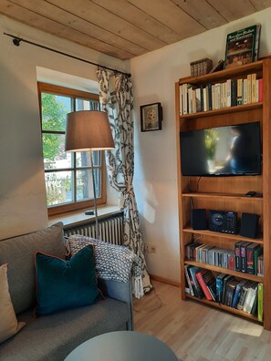 Televisión, libros, biblioteca de música, estéreo