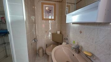 Shower, hair dryer, towels, toilet paper