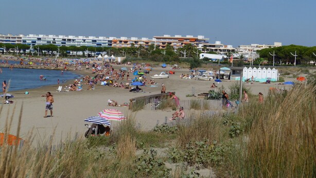 A crowded beach with people sunbathing and swimming.