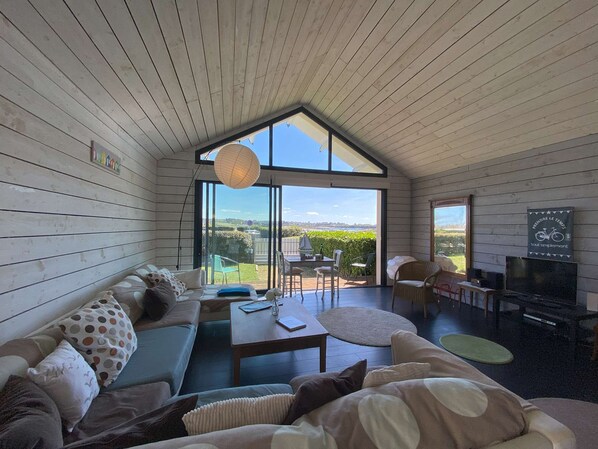 TV, fireplace, DVD player, books - Holiday house with sea view in Île Grande with WiFi connection (Pleumeur-Bodou)