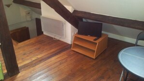 Een kamer met een houten vloer, een witte radiator, een zwarte televisie op een houten meubel en een stoel.