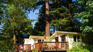 Una cabaña con terraza, rodeada de un bosque denso.
