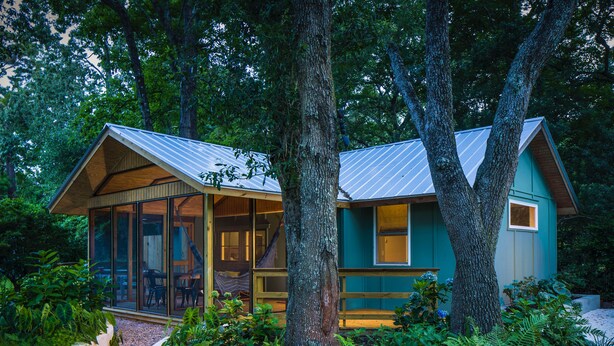 Une petite cabane rustique, avec un toit en métal, entourée d’une végétation luxuriante et d’arbres.