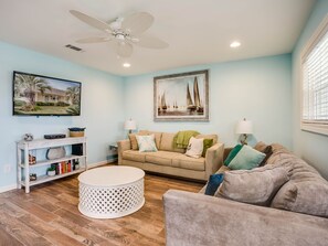 Flachbildfernseher, DVD-Player, Bücher, Videothek