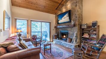 Smart TV, chimenea, reproductor de DVD, libros