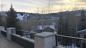 Ein Balkon mit Blick auf schneebedeckte Berge und Bäume.