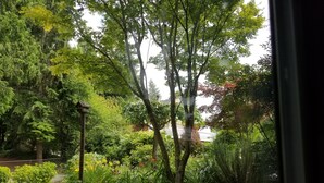 A garden with various plants and trees, a stone wall, and a fence. - PEACEFUL WATERFRONT RETREAT 30-MINUTE FERRY RIDE FROM SEATTLE! (Bremerton)