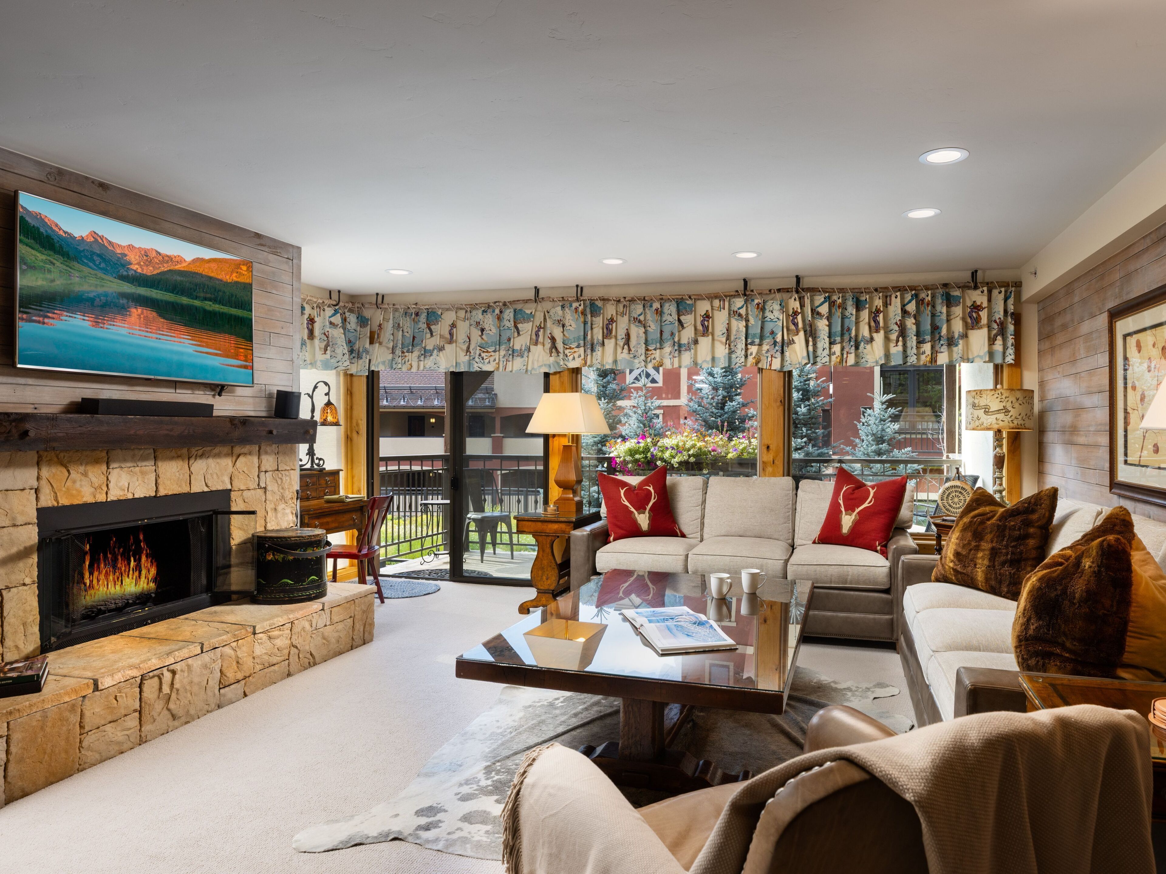 TV, fireplace, books, printers