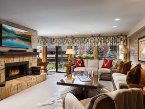 TV, fireplace, books