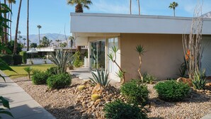 Une maison moderne dotée d’un patio, entourée de plantes désertiques et de palmiers.