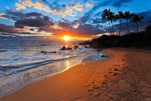 Una playa con huellas, palmeras y un atardecer sobre el océano.