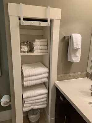 Tina con regadera, secadora de cabello, toallas, jabón 