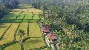 An aerial view of terraced rice fields with a small cluster of traditional houses with red roofs. - Mandana Ubud Villa (Ubud)