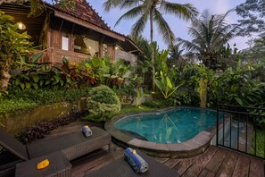 Une maison en bois avec une piscine, entourée d’une végétation luxuriante et de palmiers.