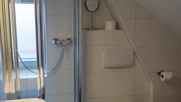 A modern bathroom with a glass shower enclosure, a white sink, a toilet, and a small mirror.
