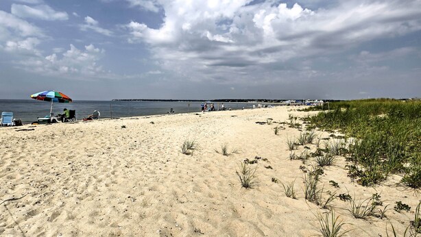 Une plage avec un rivage sablonneux, un parasol coloré et une mer calme.